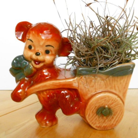 Other - Vintage Teddy Bear w/Cart Ceramic Pottery Planter